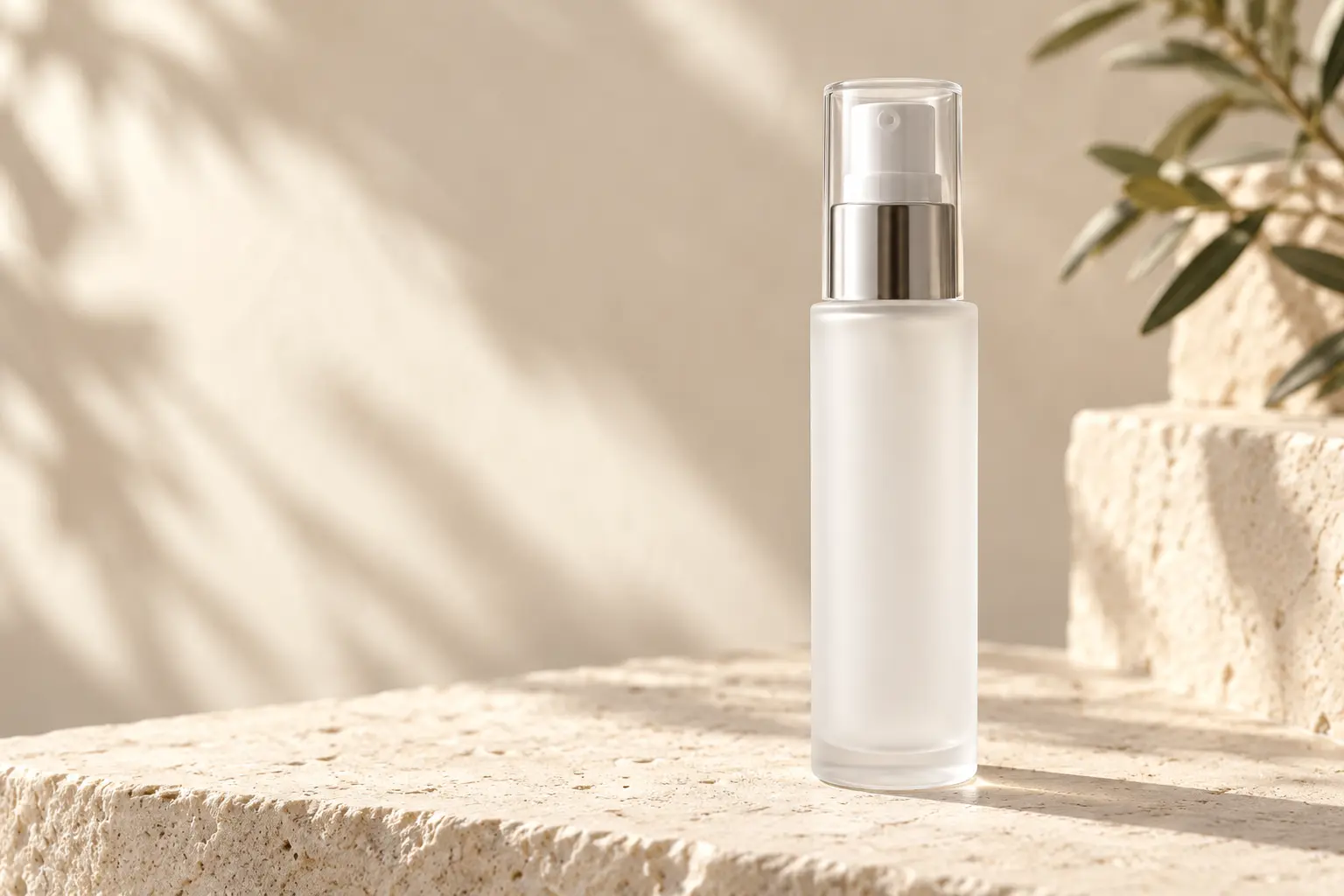 Slim tall unbranded frosted glass serum bottle with chrome pump