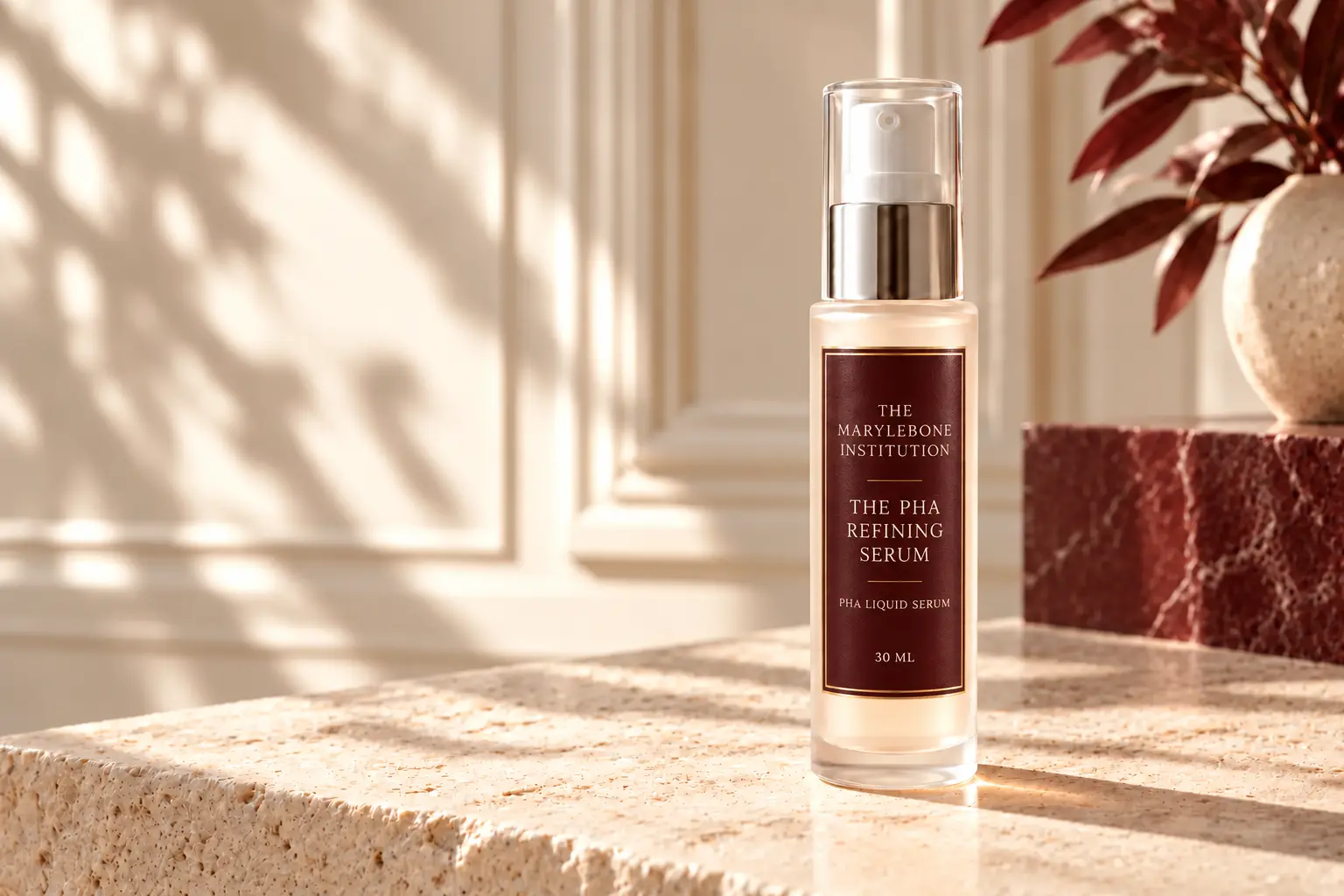 Tall translucent PHA Refining Serum concept with burgundy Marylebone label
